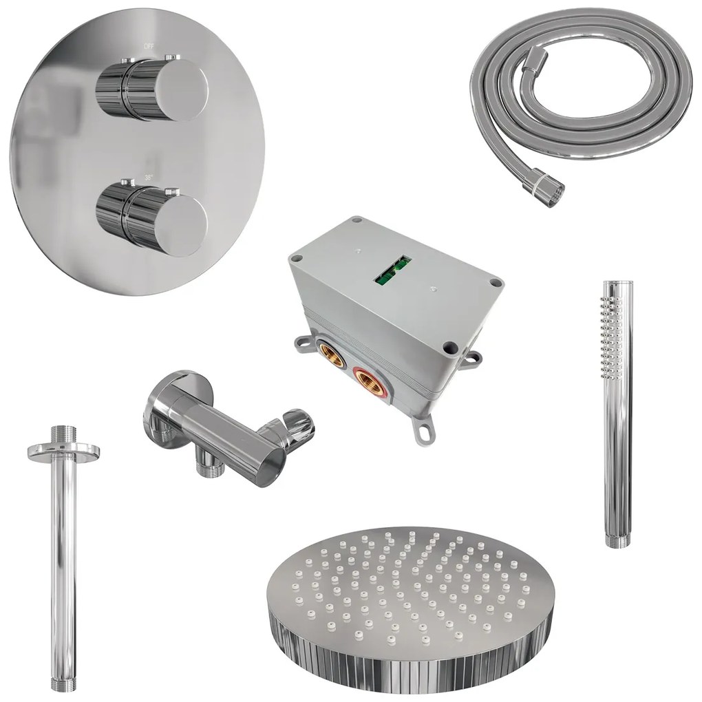 Brauer Stripe inbouw regendouche rond met 25cm hoofddouche, plafondarm en staafhanddouche set 39 chroom