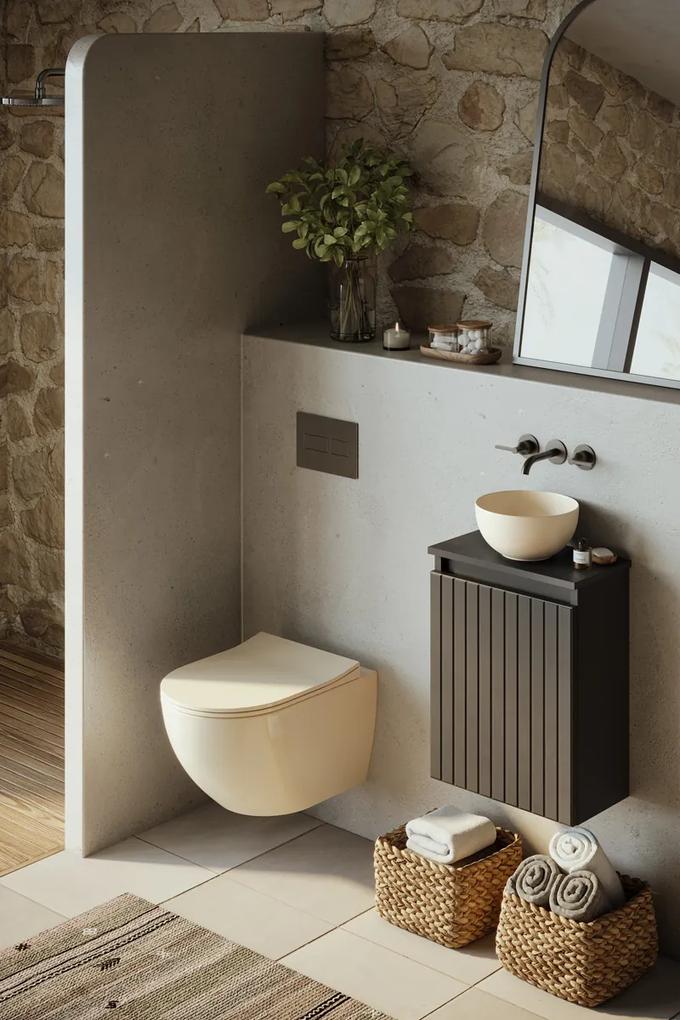 Fontana Bano toiletmeubel ribbelfront mat zwart 40x22cm met waskom in licht ivoor