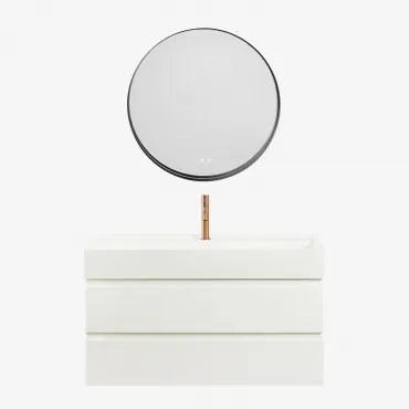 Ona Zwevend Badkamermeubelset Van Hout En Essenfineer Met Geïntegreerde Wastafel Wit & Round Led And Antifog Zwart Ø80 Cm - Sklum