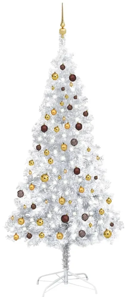 vidaXL Kunstkerstboom met LED's en kerstballen 210 cm PET zilverkleur