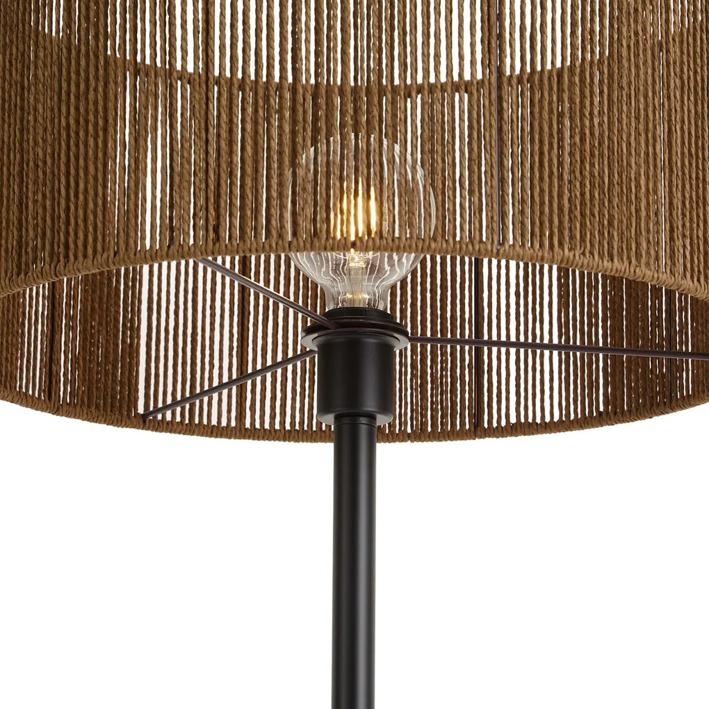Vloerlamp zwart met bruine papieren touw kap 50/50/25 - Simplo