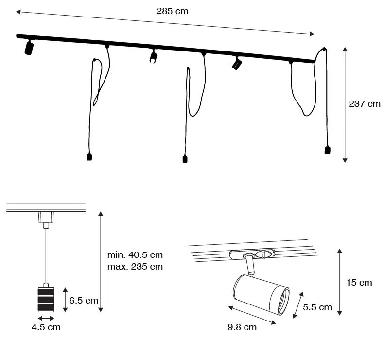 Modern railsysteem met 3 Spot / Opbouwspot / Plafondspots en 3 hanglampen zwart 1-fase - Iconic Cavalux Jeana Modern Minimalistisch E27 Binnenverlichting Lamp