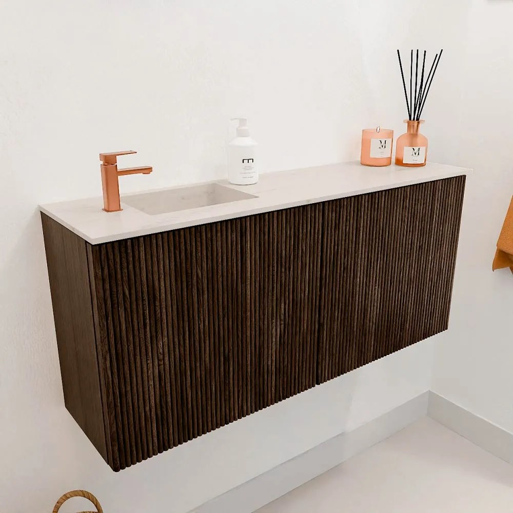 Mondiaz Joya DLux 90cm toiletmeubel walnut met wastafel faye links 1 kraangat meli