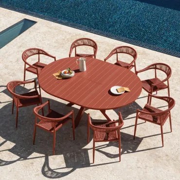Set Van 145-200x145 Cm Barces Ronde Uitschuifbare Tafel En 8 Amatria Aluminium Stapelbare Tuinstoelen Met Armleuningen Rode Dakpan - Sklum