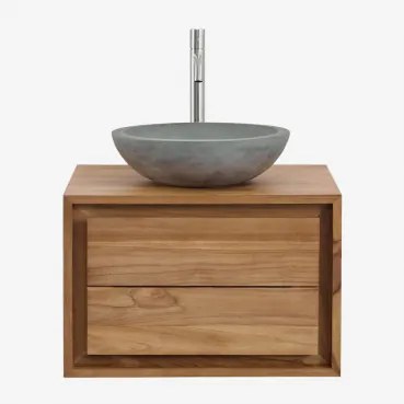 Jabari Zwevend Badkamermeubelset Van Teakhout Teakhout & Rond Grijs Cement Ø40 Cm Tarsis & Spiegelloze & Geborsteld Grijs ↑30 - Sklum