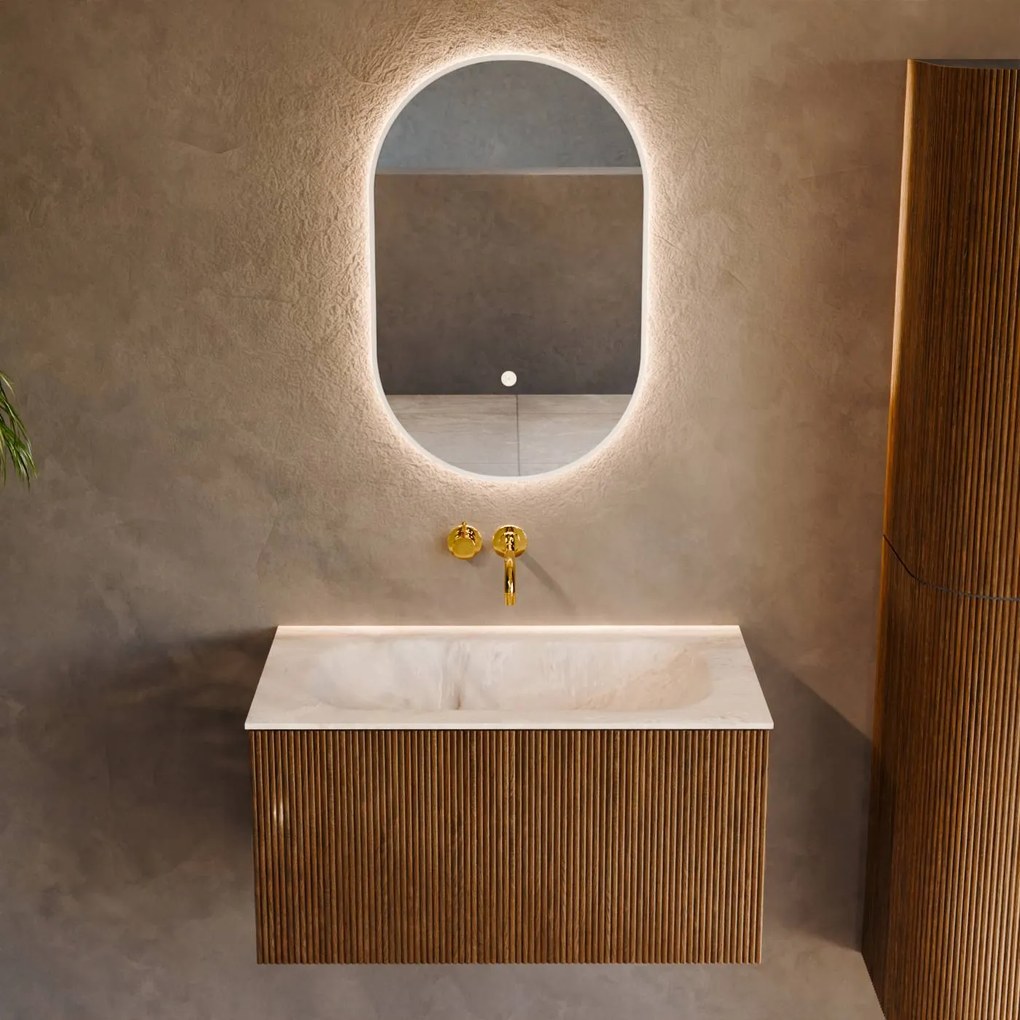 Mondiaz Kurve-dlux 80cm badmeubel dusk met 1 lade en wastafel big small midden zonder kraangat frappe