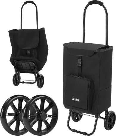 VEVOR boodschappentrolley, opvouwbare winkelwagen met een draagvermogen van 35 kg, zwart, inhoud van 27 liter, met koelvak, handgreep van schuimrubber + wielen, afneembare tas, 2-in-1 boodschappentrolley voor boodschappen doen, kamperen en huishoudelijk g