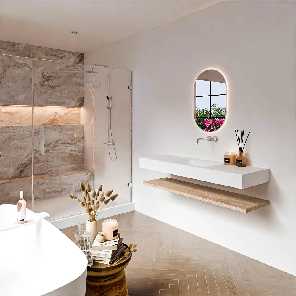 Zaro Alan badmeubel 140cm met planchet washed oak en vrijhangende wastafel cloud midden zonder kraangat talc