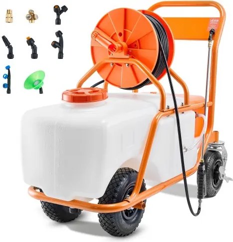 VEVOR gazonsproeier met wielen, instelbare druk 0–90 PSI, sproeier met 60 liter tank, met 8 sproeikoppen, 2 sproeistangen, deksel met brede opening voor tuinieren, onkruid wieden en sproeien.