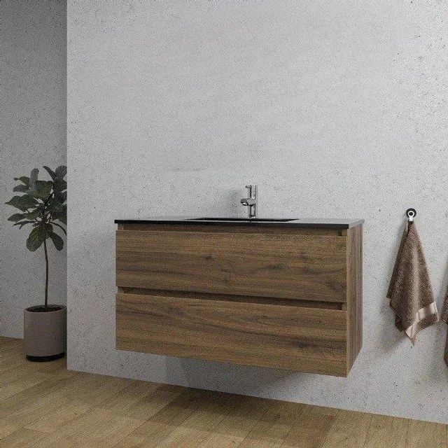 Adema Chaci Badkamermeubelset - 100x46x57cm - 1 keramische wasbak zwart - 1 kraangat - 2 lades - noten (hout) SW1212772/SW761656