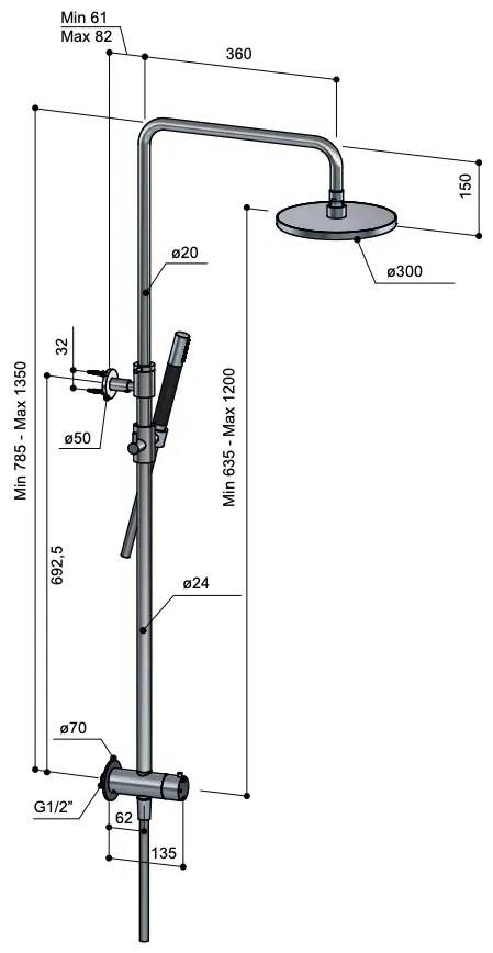 Hotbath Cobber M438 stortdouche met staafhanddouche en 30cm hoofddouche wit mat