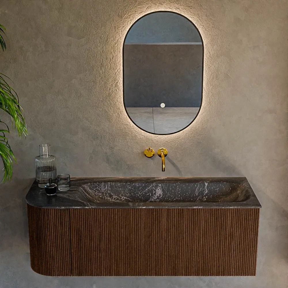 Mondiaz Kurve-dlux 125cm badmeubel ronding links walnut met 1 lade en deur en wastafel big medium rechts zonder kraangat lava