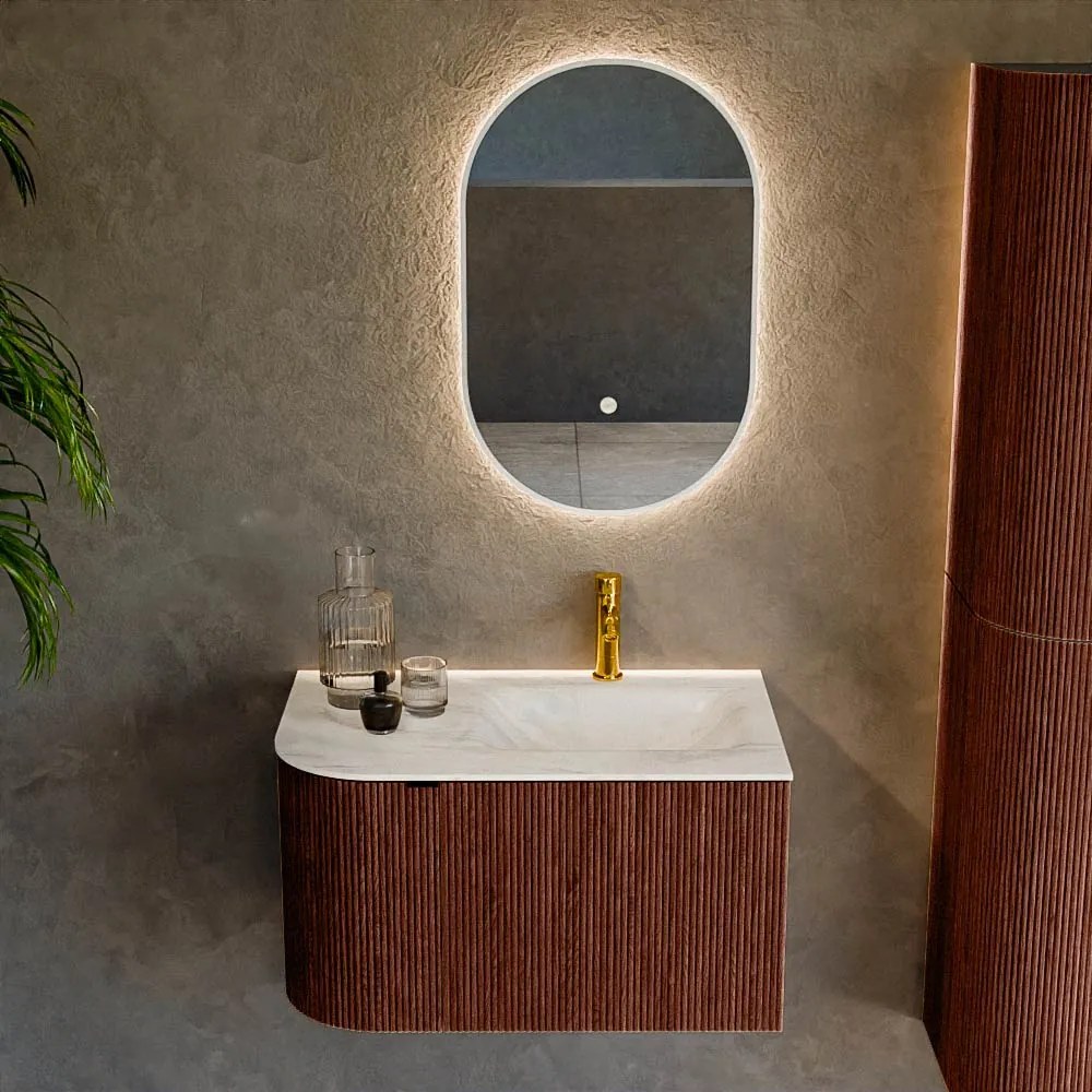 Mondiaz Kurve-dlux 75cm badmeubel ronding links ruby met 1 lade en deur en wastafel grunne kraangat rechts ostra