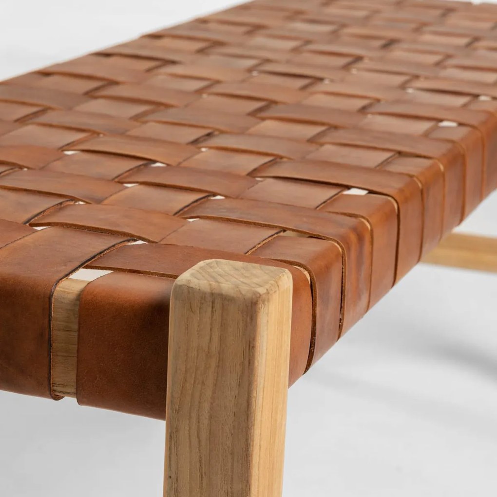 Houten Bankje Met Bruin Leer