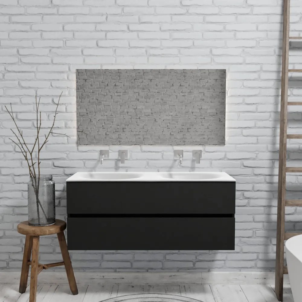 Zaro Sevilla Solid Surface badmeubel 120cm mat zwart geen kraangat met 2 lades dubbele spoelbak