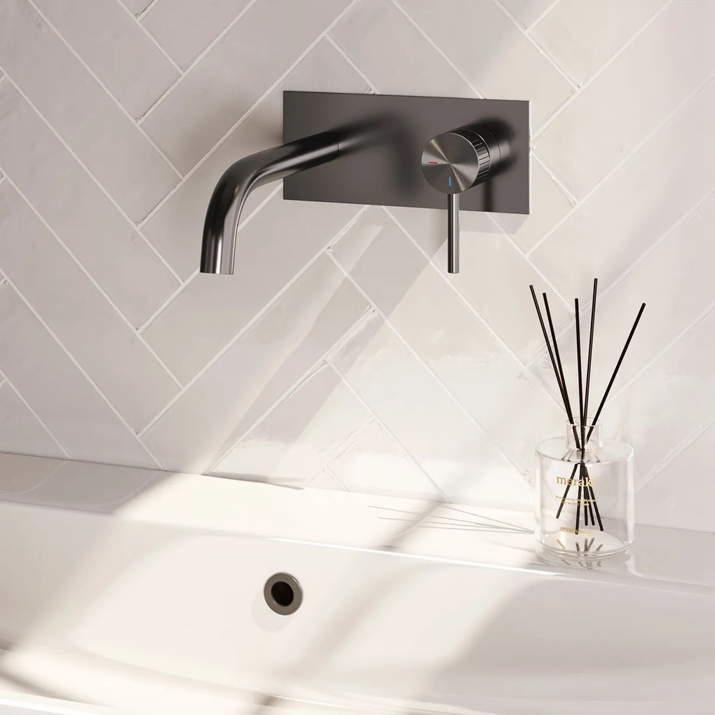 Brauer Stripe inbouw wastafelkraan ColdStart met gebogen uitloop en afdekplaat model A1 gunmetal geborsteld PVD