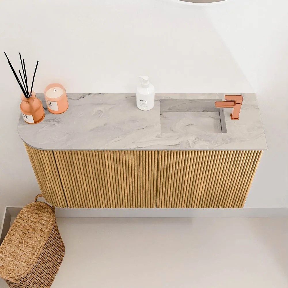Mondiaz Joya DLux 80cm toiletmeubel ronding links oak met wastafel faye rechts 1 kraangat glace