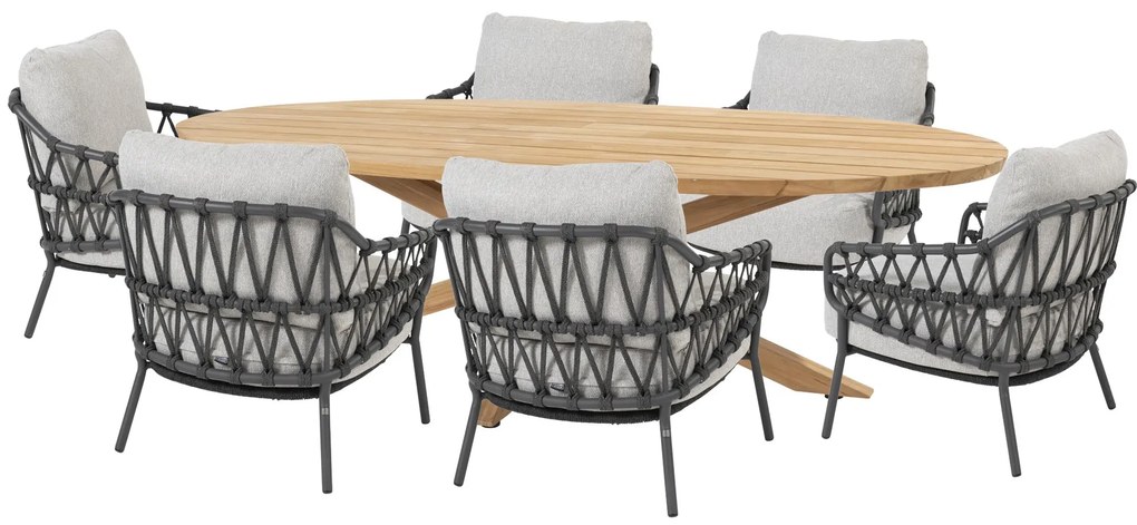 4 Seasons Outdoor Calpi low dining set met Prado tafel met ellips blad 240 cm      houtkleur weerbestendig