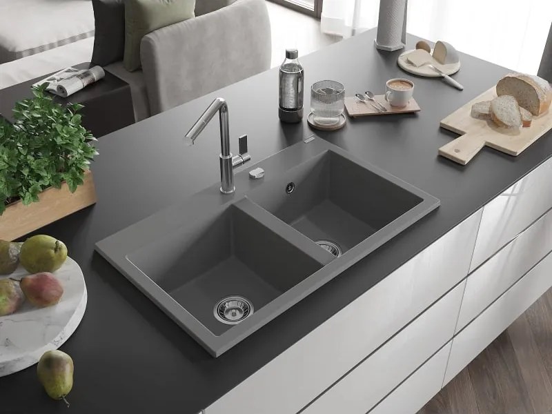 Mexen Hektor granieten gootsteen 2-kamer 800 x 480 mm, grijs, chrom sifon - 6521802000-71