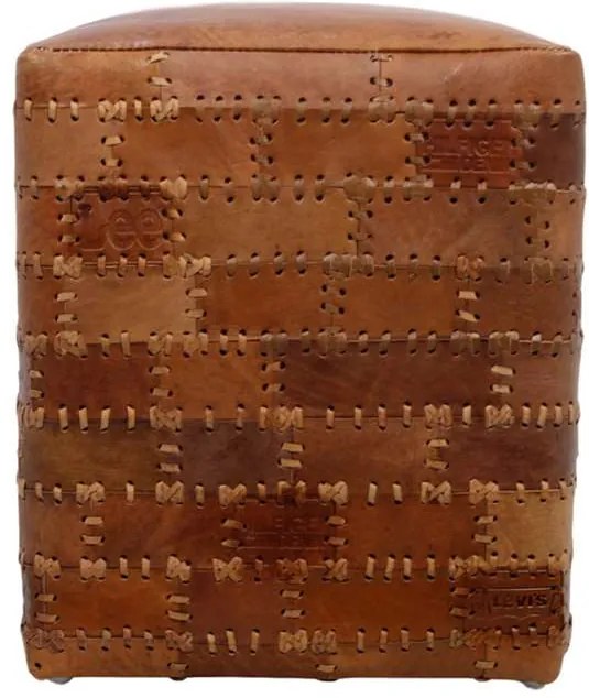 HSM Collection poef Jari - patchwork leder - vintage cognac - Leen Bakker