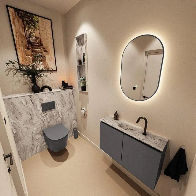 MONDIAZ TURE-DLUX 80cm toiletmeubel Dark Grey. EDEN wastafel Glace positie midden. Met 1 kraangat. TUREDX80DGRM1GLA