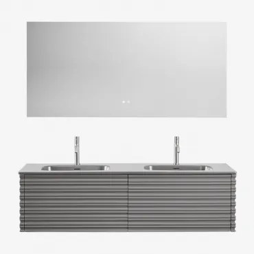 Noura Zwevend Houten Badkamermeubelset Met Geïntegreerde Wastafels Grijs – Nikkel & Rectangular Led And Antifog 160x75 Cm Riben & - Sklum