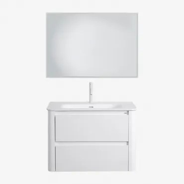 Badkamermeubelset In Hout Met Geïntegreerde Wastafel Egerton Wit & Rechthoekige Led En Anticondens 100x70 Cm Tamsin & Wit ↑20 - Sklum