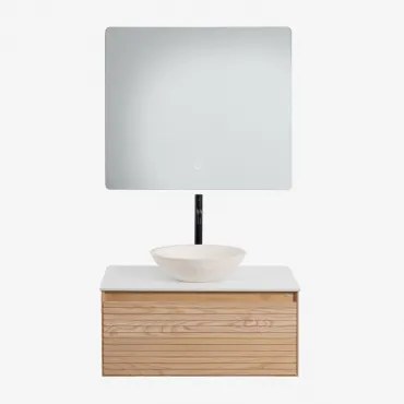 Tedrik Badkamermeubelset In Essenhout Ash Brown & Rond Cement Wit Ø40 Cm Zavion & Rechthoekige Led En Anticondens 80x70 Cm Gualar & Zwart - Sklum