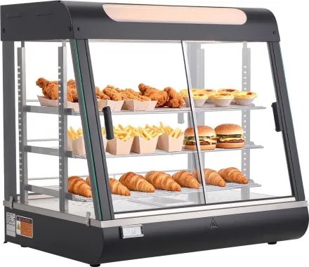 VEVOR 3-laags verwarmde vitrinekast 100 liter, 1200 W, verwarmde vitrinekast 30–85 °C, voedselwarmer met LED-verlichting en verstelbare schappen, voedselvitrinekast voor hamburgers, pizza, brood, gebraden kip