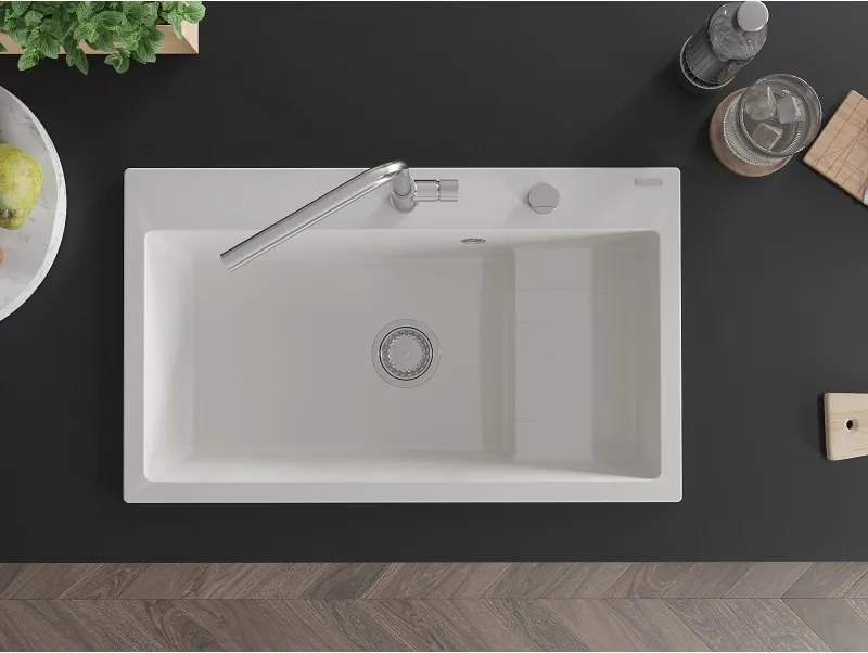 Mexen Omar granit gootsteen 1-komerig 800 x 480 mm, wit, sifon chroom - 6520801005-20