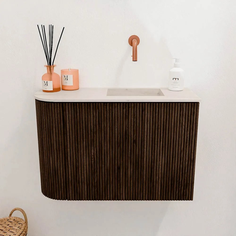 Mondiaz Joya DLux 60cm toiletmeubel ronding links walnut met wastafel faye rechts zonder kraangat meli