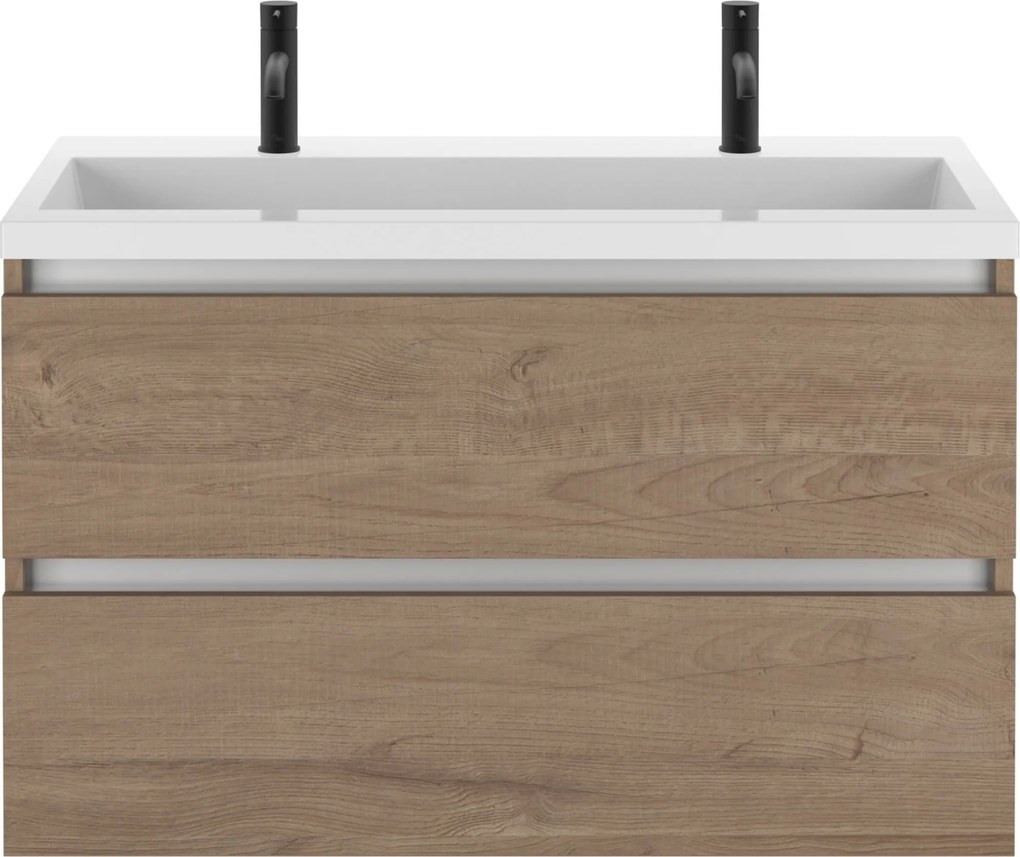 Saqu Gaia badmeubel incl. glans witte wastafel met 2 kraangaten 100x52x64cm toffee – aluminium greeplijst