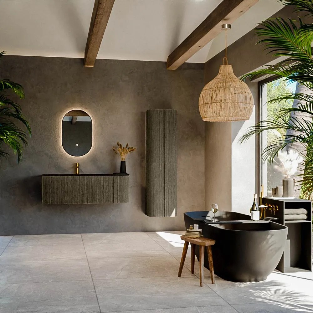 Mondiaz Kurve 125cm badmeubel ronding rechts shadow met 1 lade en deur en wastafel big medium kraangat links urban