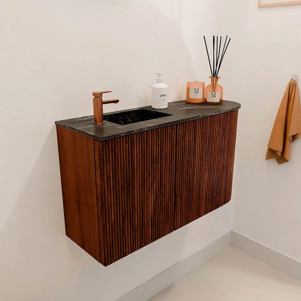 Mondiaz Joya DLux 70cm toiletmeubel ronding rechts ruby met wastafel faye links 1 kraangat lava