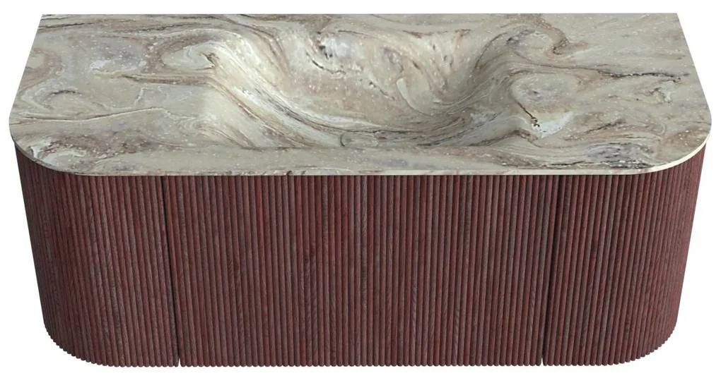 Mondiaz Kurve-dlux 110cm badmeubel ronding links/rechts ruby met 1 lade en 2 deuren en wastafel cloud midden zonder kraangat glace