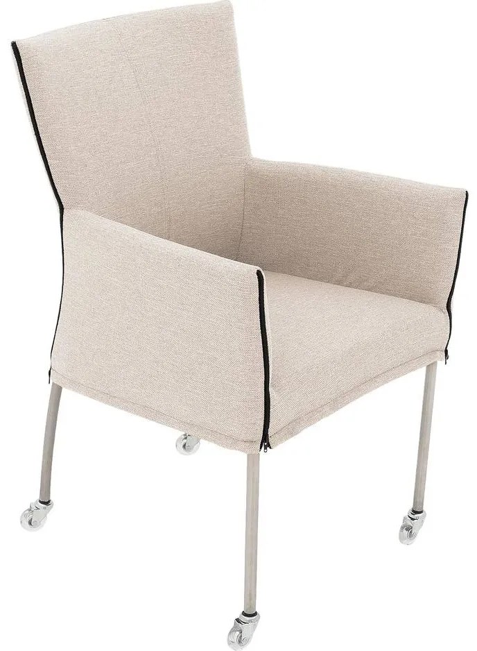 Goossens Eetkamerstoel Funk RVS Poten beige stof met armleuning en met wielenTransparant skater wiel met rvs kap, modern design
