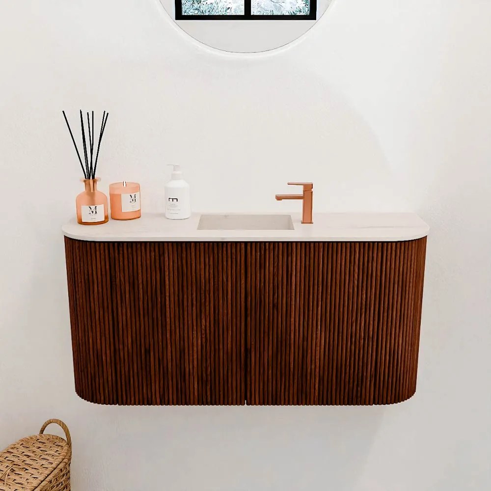 Mondiaz Joya DLux 85cm toiletmeubel ronding links/rechts ruby met wastafel faye midden 1 kraangat meli