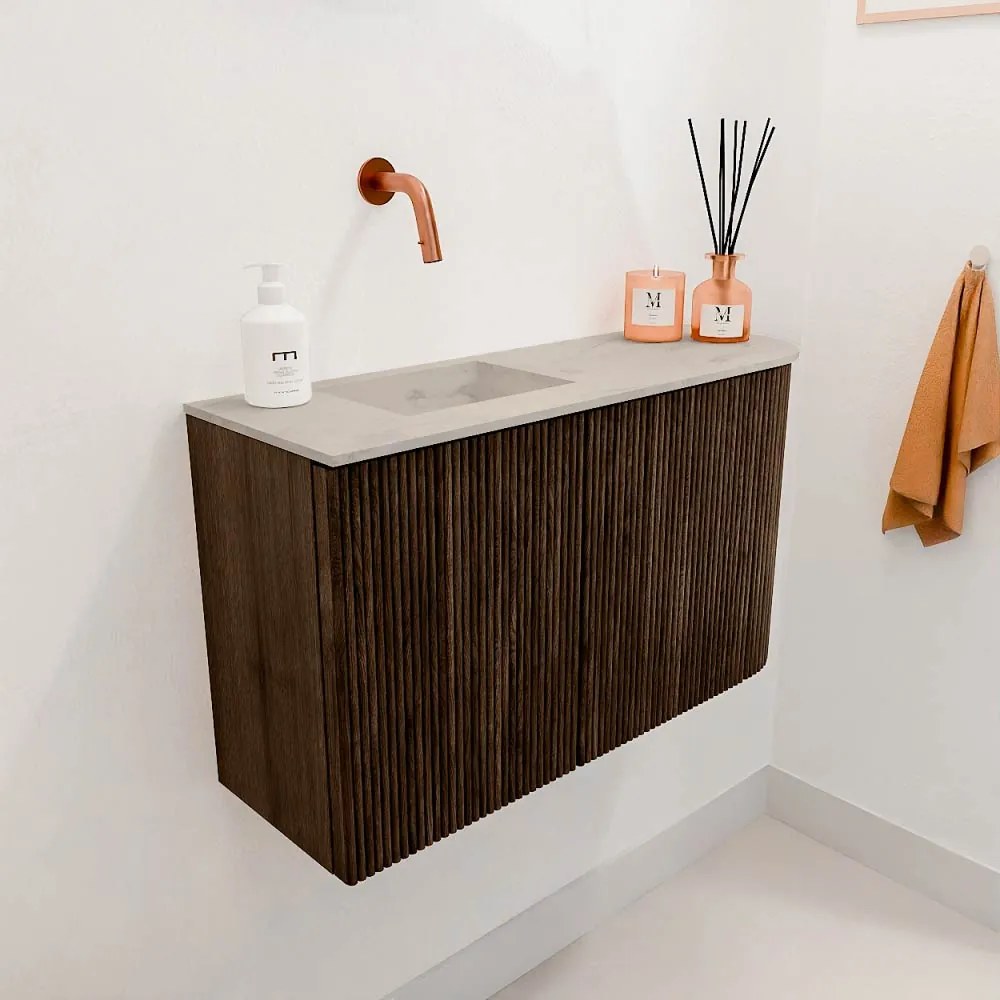 Mondiaz Joya DLux 70cm toiletmeubel ronding rechts walnut met wastafel faye links zonder kraangat opalo
