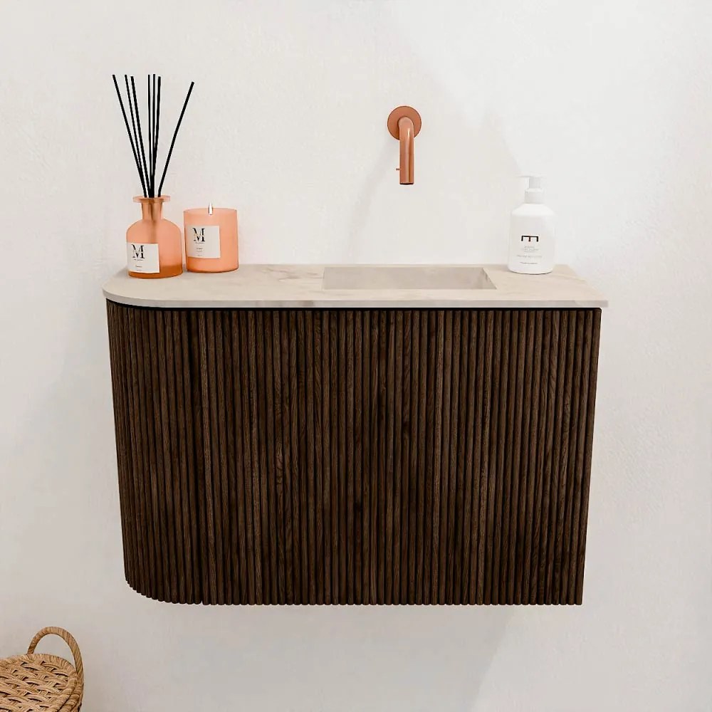 Mondiaz Joya DLux 60cm toiletmeubel ronding links walnut met wastafel faye rechts zonder kraangat frappe