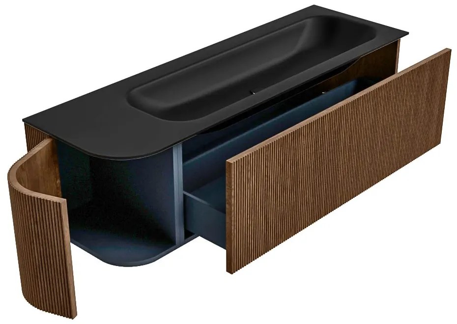 Mondiaz Kurve 145cm badmeubel ronding links walnut met 1 lade en deur en wastafel big large rechts zonder kraangat urban