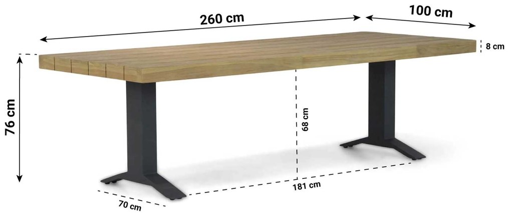 Dining Tuintafel rechthoekig 260 x 100 cm Aluminium/teak Old teak greywash Santika Superior