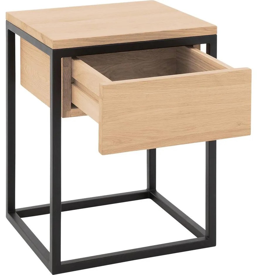 Goossens Nachtkastje Ord, Metaal ral 9005 zwart, met lade en bovenblad massief eik, 40 x 35 x 57 cm hoog