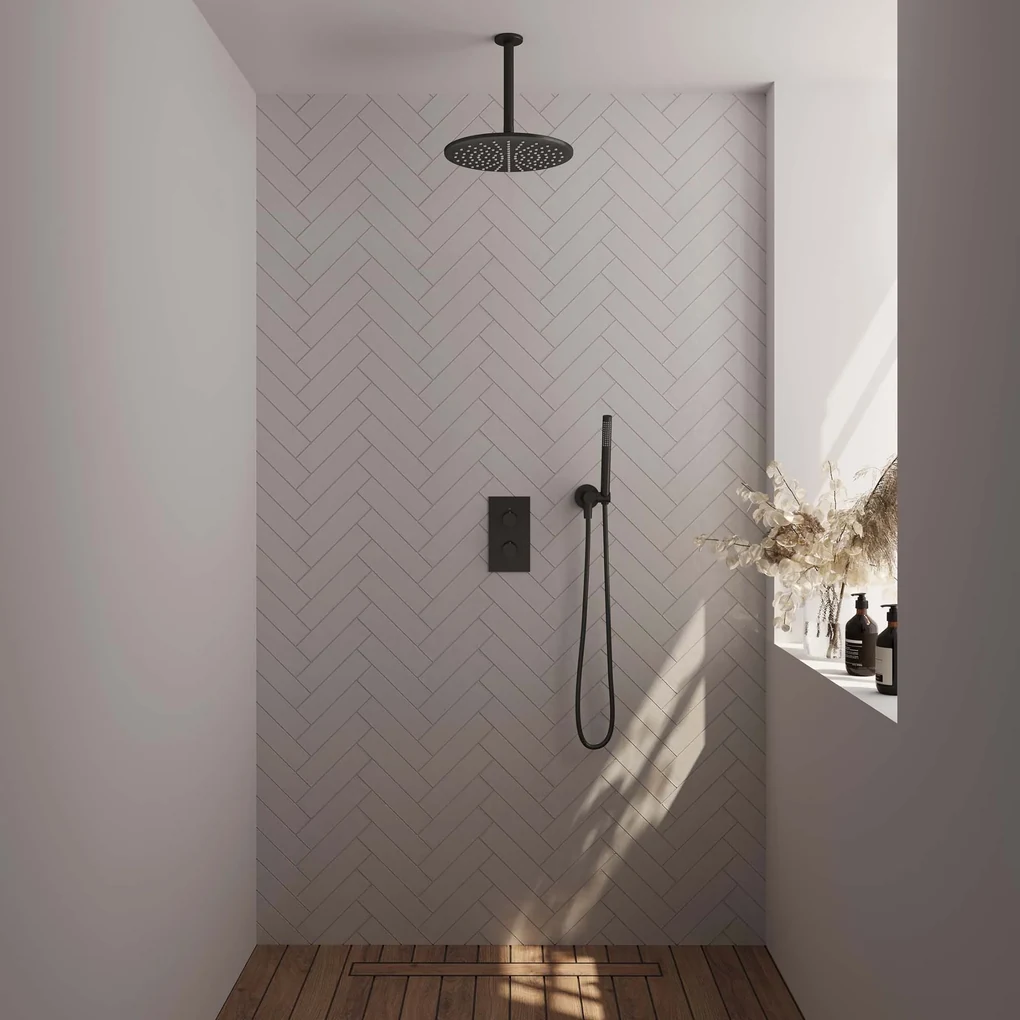 Brauer Black Carving complete inbouw regendouche set 30 met 30cm douchekop, plafondarm en staafhanddouche mat zwart