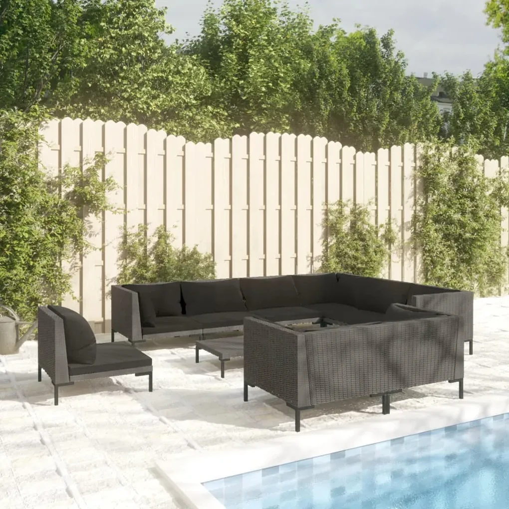 vidaXL 10-delige Loungeset met kussens poly rattan donkergrijs