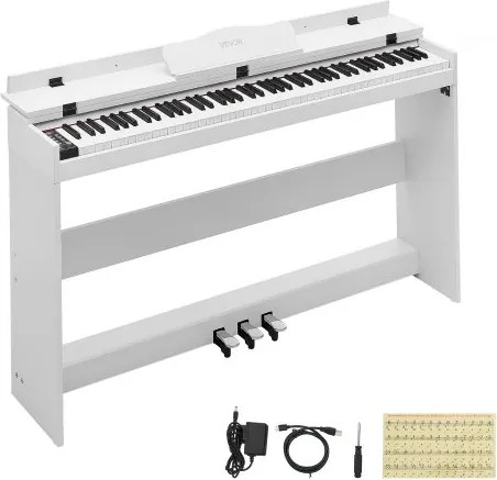 VEVOR Digitale Piano met 88 semi-gewogen toetsen, e-piano, HiFi-luidspreker, wit, voor beginners, met 128 klanken, 128 ritmes, USB, MIDI, audio-uitgang, standaard 3,5 mm hoofdtelefoonaansluiting, lessenaar en pedaal.