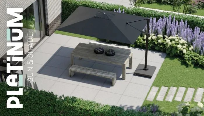 Platinum Challenger zweefparasol Premium T2 2,6x3,5 m - Havana Taupe met Marbella voet en hoes