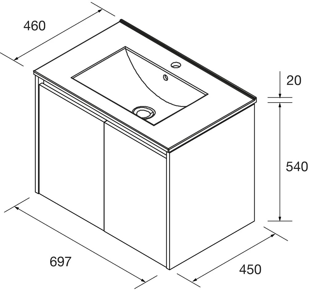 Muebles Project badmeubel 70cm met 2 deuren en wastafel warm eiken