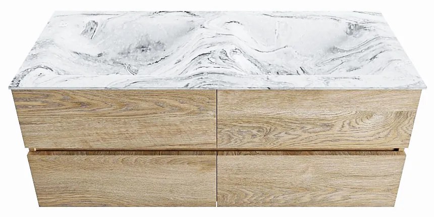 Mondiaz Vica DLux badmeubel 120cm washed oak 4 lades met wastafel glace dubbel 2 kraangaten