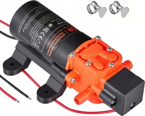 VEVOR membraanpomp, 12 V DC, 4,5 l/min, zelfaanzuigende 2-kamer membraanwaterpomp met 2 slangklemmen, maximale druk 5,5 bar, stille werking, voor campers, caravans, boten en tuinirrigatie.