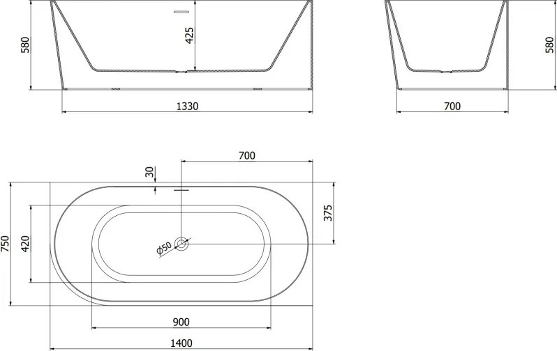 Mexen Mia vrijstaande hoekbadkuip rechts 140 x 75 cm, wit, overloop chroom - 52691407500P-01